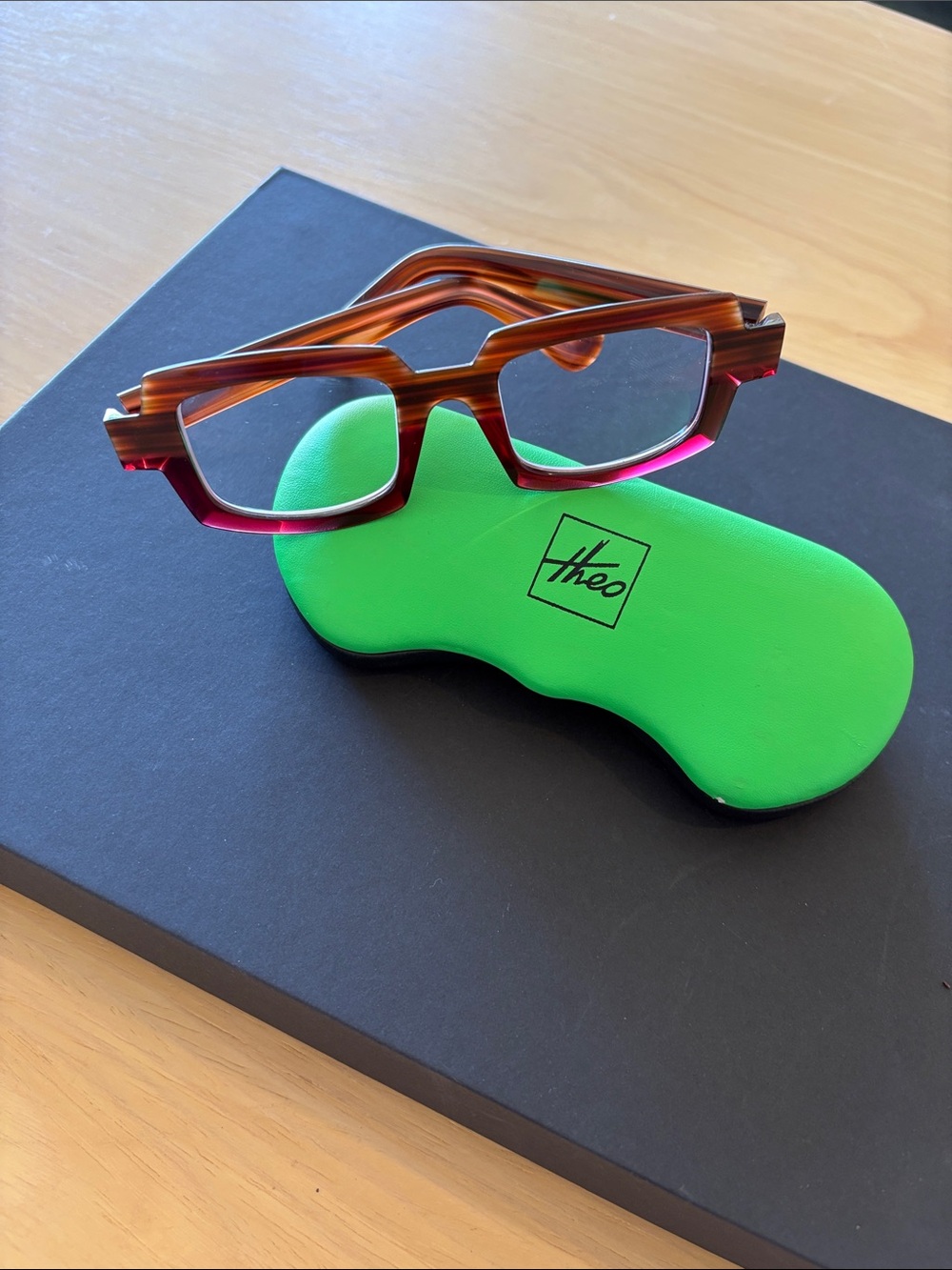 Theo Brown Striped and Pink Two-Tone Geometric Glasses